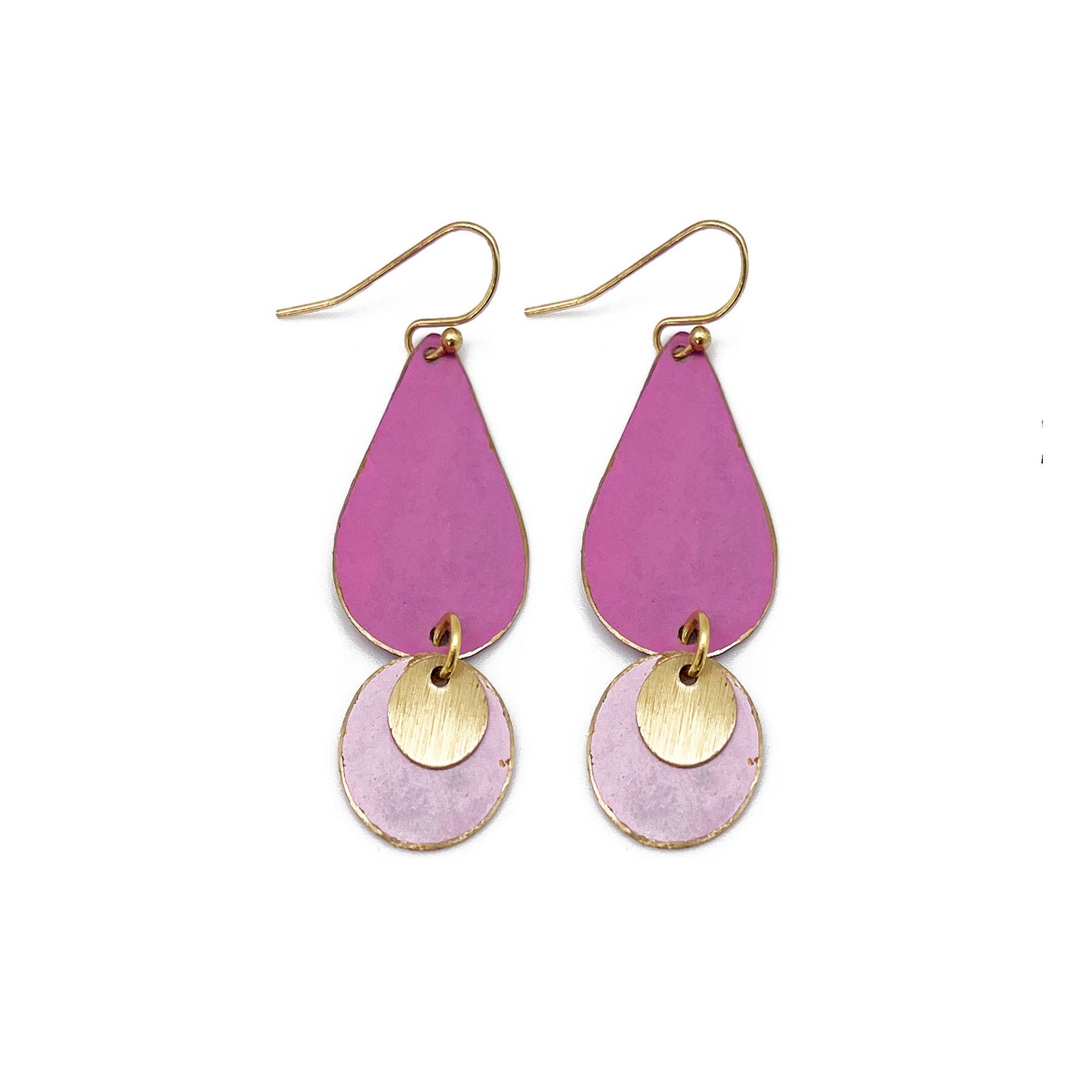 Brass Patina Earrings - Pink and Lilac Two Tiered Dangle