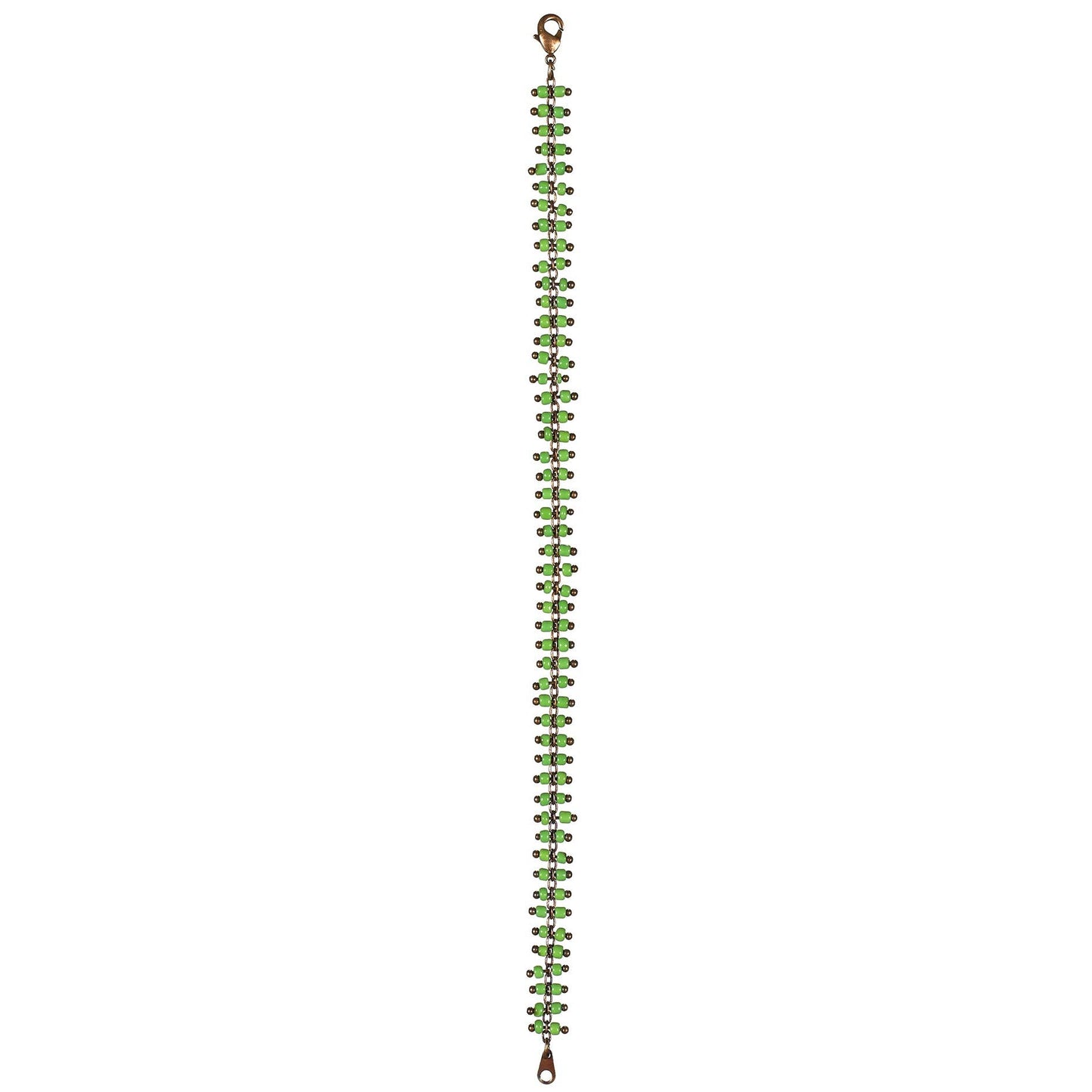 Green beaded bracelet with a metal clip on a white background