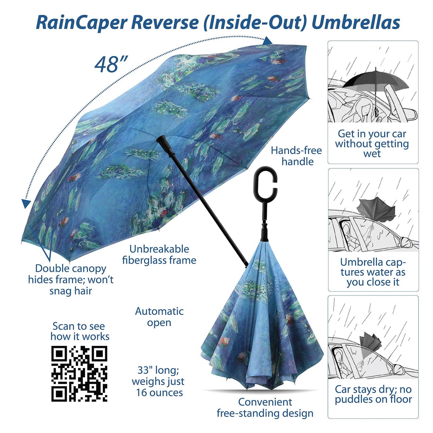 RainCaper Monet Water Lilies Reverse Umbrella