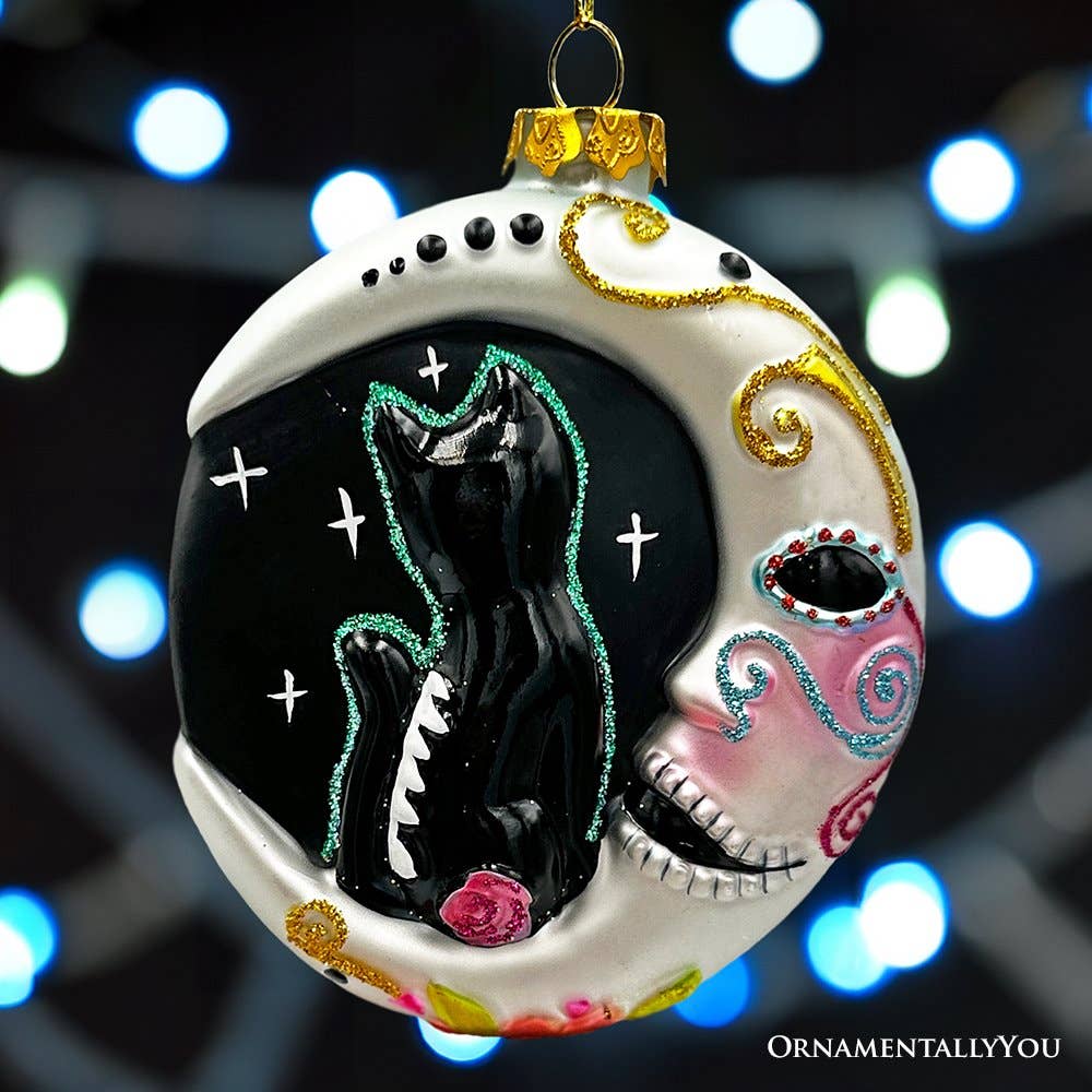 Siamese Cat Sugar Skull Glass Ornament