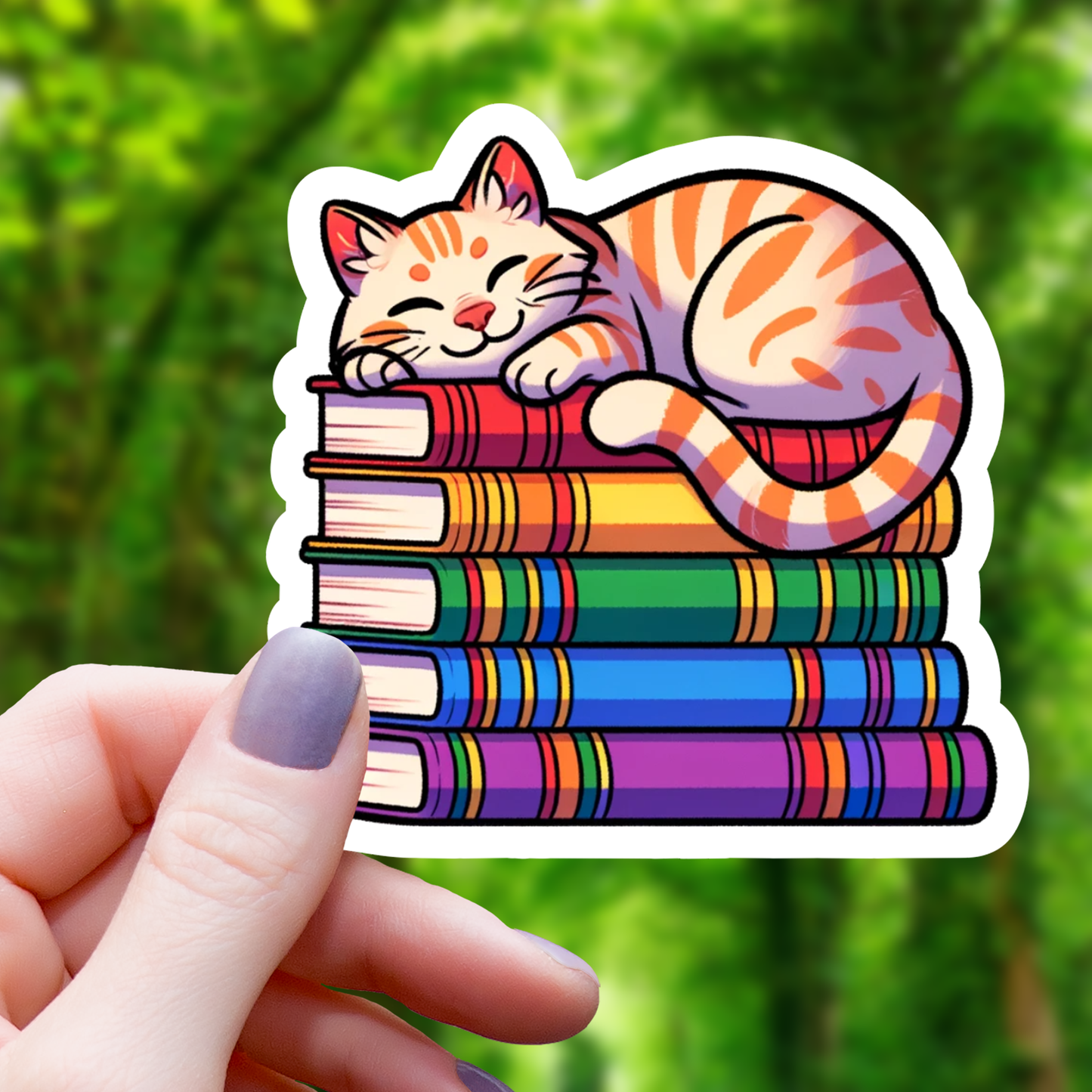 Tabi Cat On Pile of Books Sticker