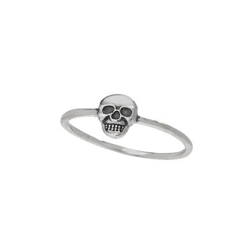 A sterling silver skull ring with a polished band and a detailed skull topper, shown on a plain white background.