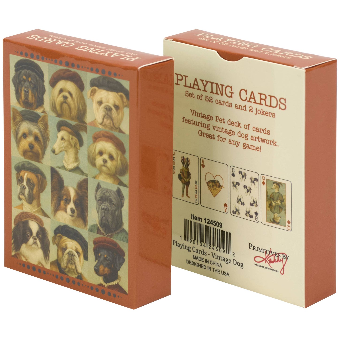 Playing cards with vintage dog artwork packaging on a white background