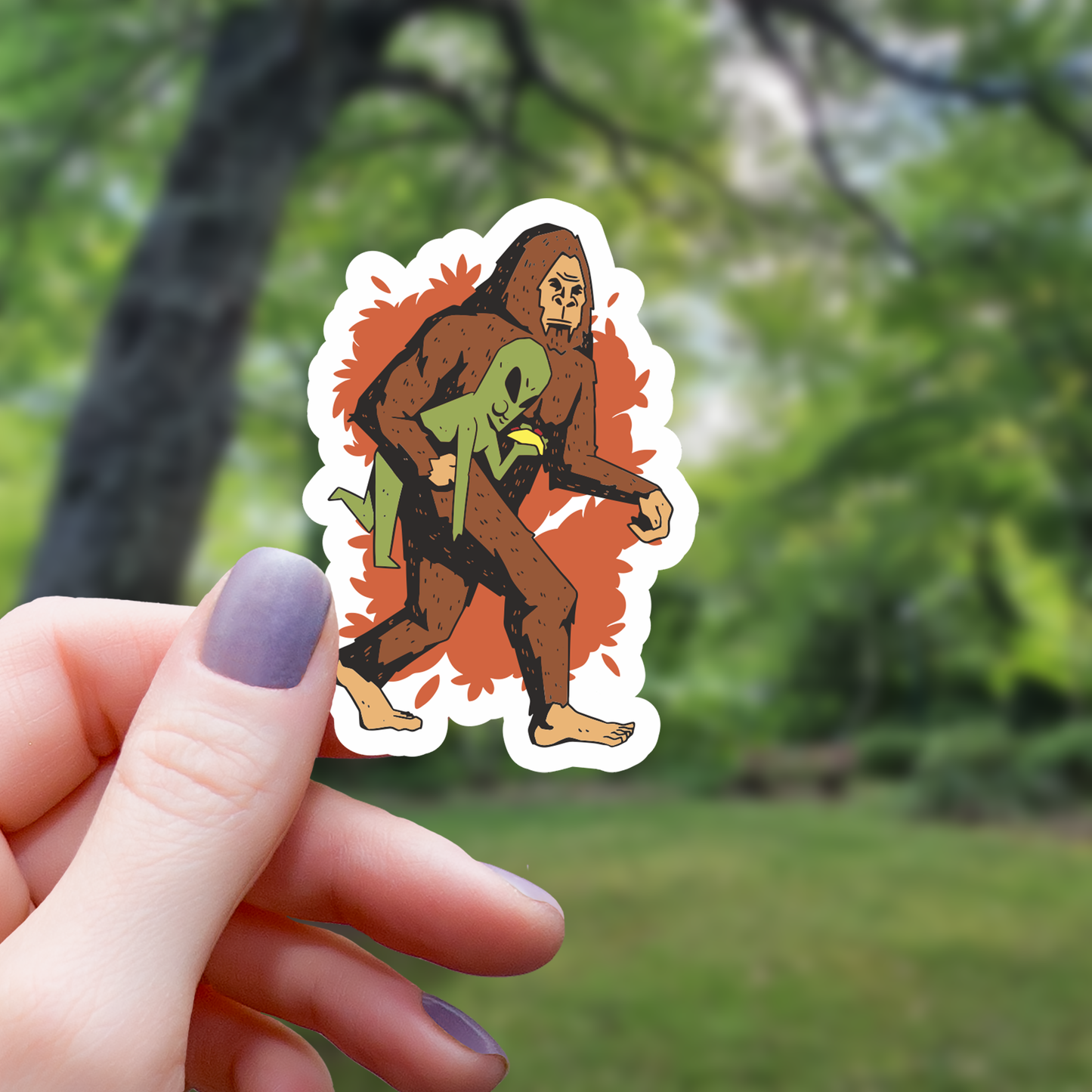 Yeti Kidnapping Alien Funny Sticker