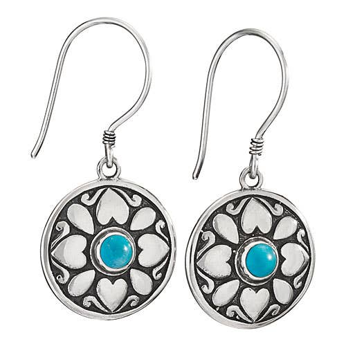Sterling Silver earrings with heart and turquoise stone design on a white background