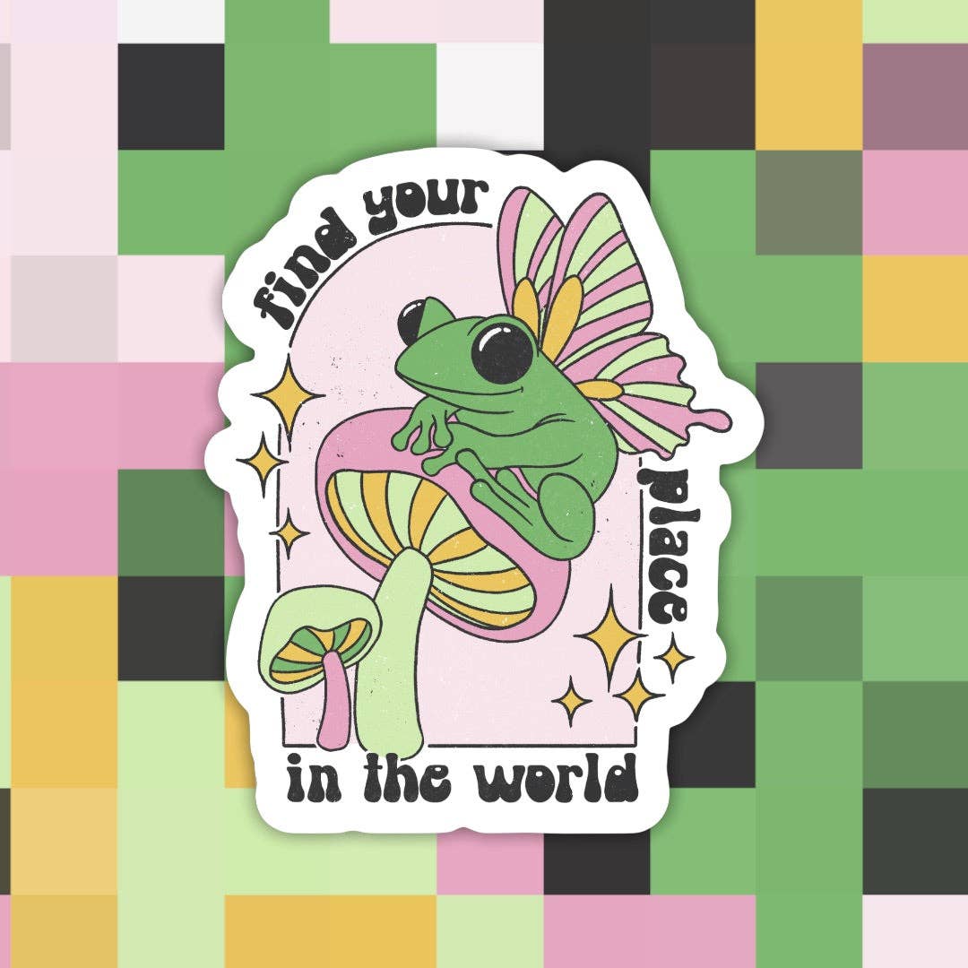 Frog Find Your Place in the World Retro Sticker: White Background