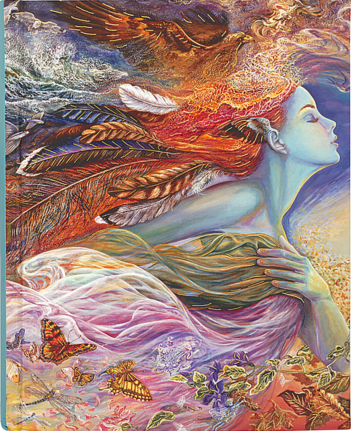 Colorful journal with artwork of a blue faced woman with flowing hair and feathers, surrounded by butterflies and flowers.