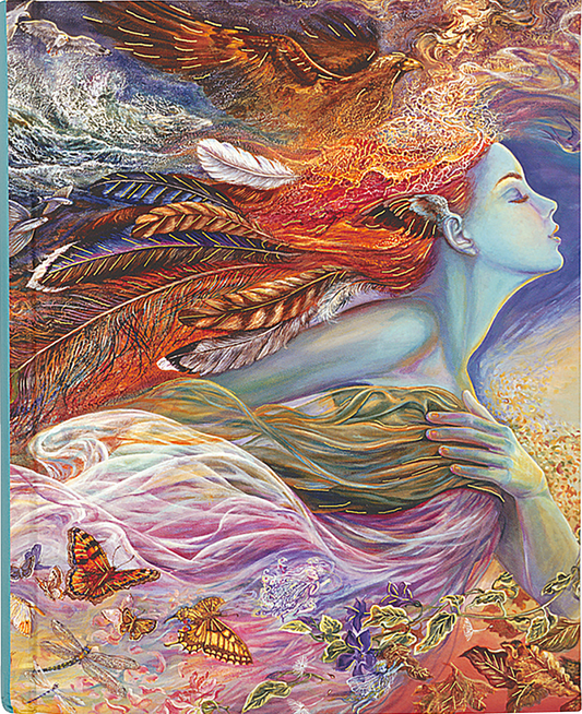 Colorful journal with artwork of a blue faced woman with flowing hair and feathers, surrounded by butterflies and flowers.