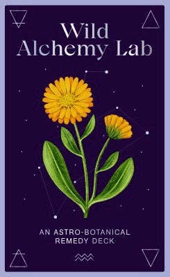 Card with yellow flowers and 'Wild Alchemy Lab' text on a dark purple background