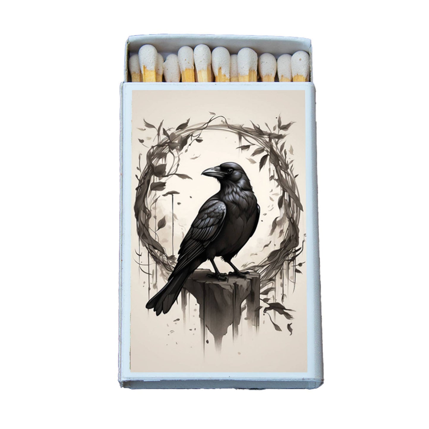 Matches in a box with a black raven design on a white background