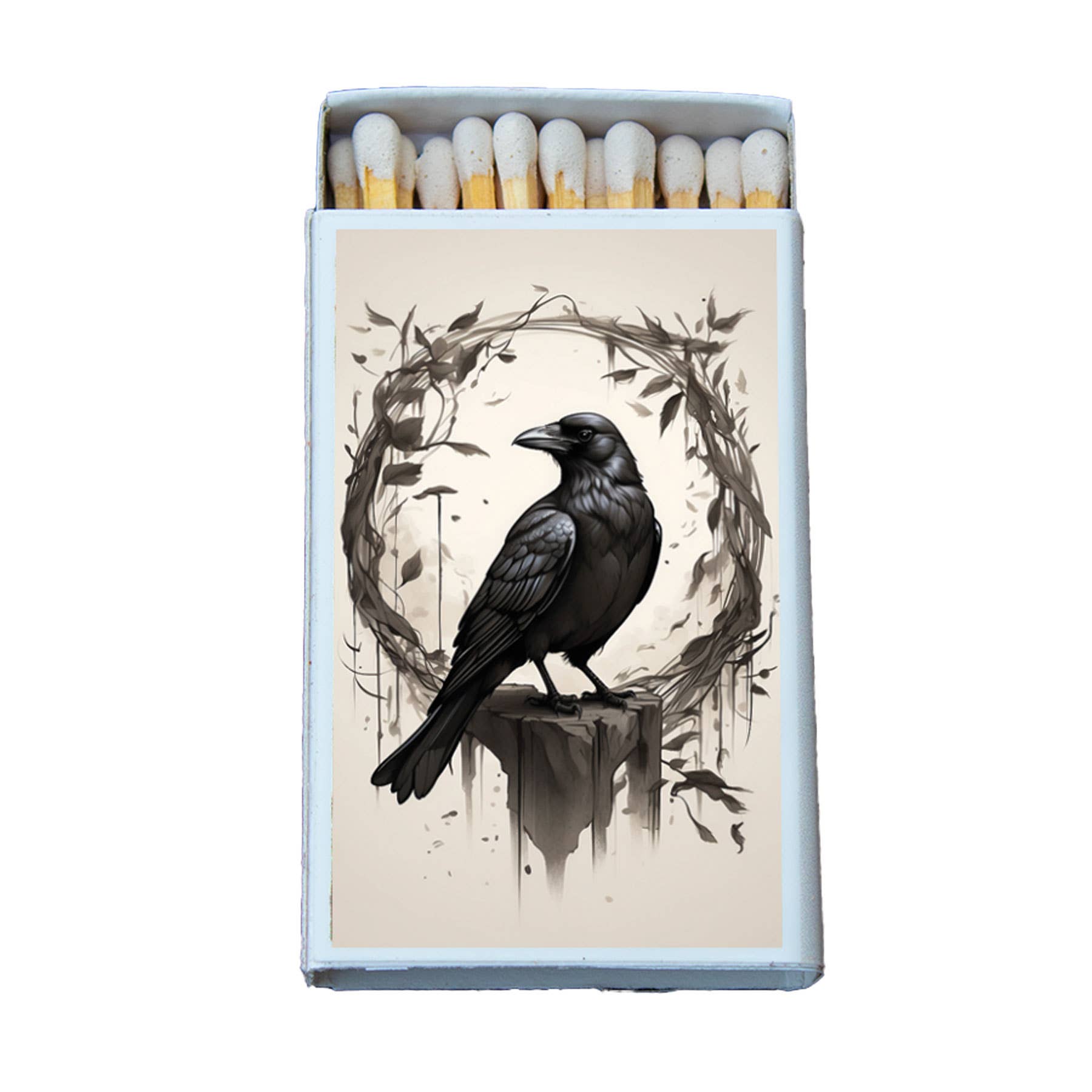 Matches in a box with a black raven design on a white background