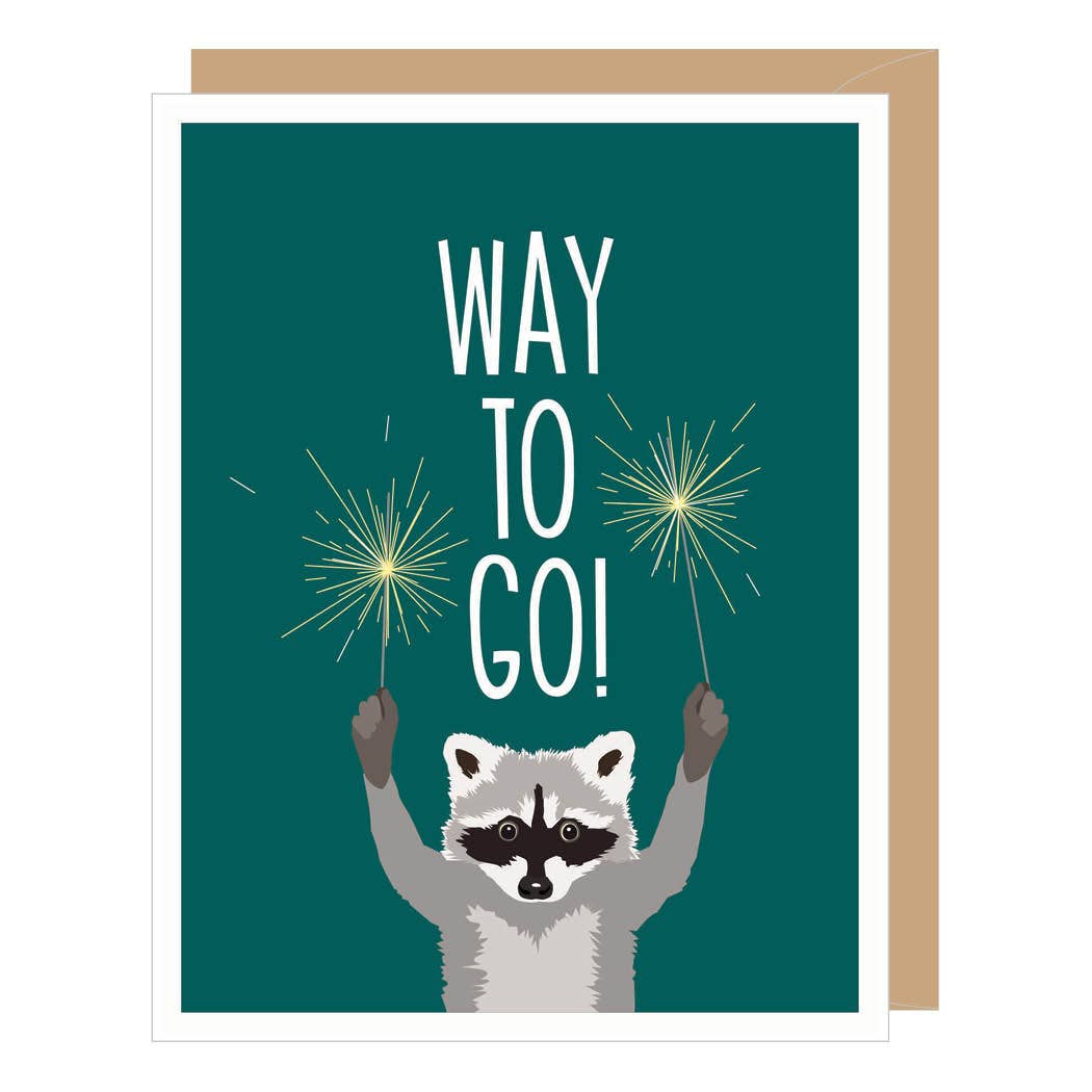 Greeting card with a raccoon holding sparklers and 'WAY TO GO!' text on a teal background.