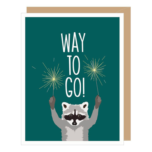 Greeting card with a raccoon holding sparklers and 'WAY TO GO!' text on a teal background.