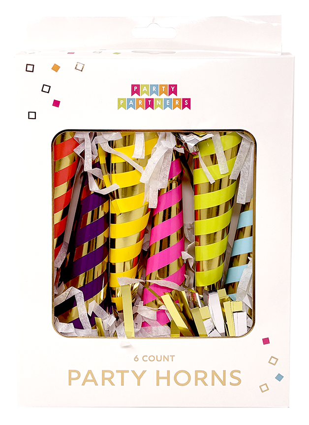 A 6-pack of metallic party horns in various colors, presented in its original white packaging box with a clear window.