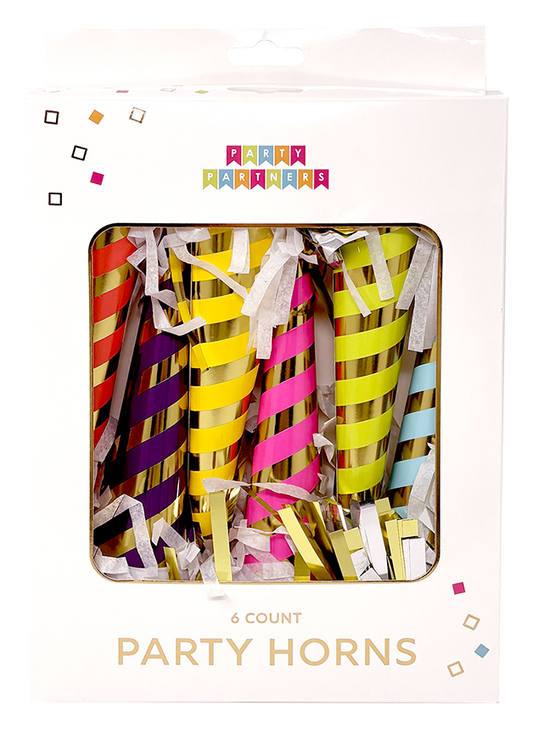 A 6-pack of metallic party horns in various colors, presented in its original white packaging box with a clear window.