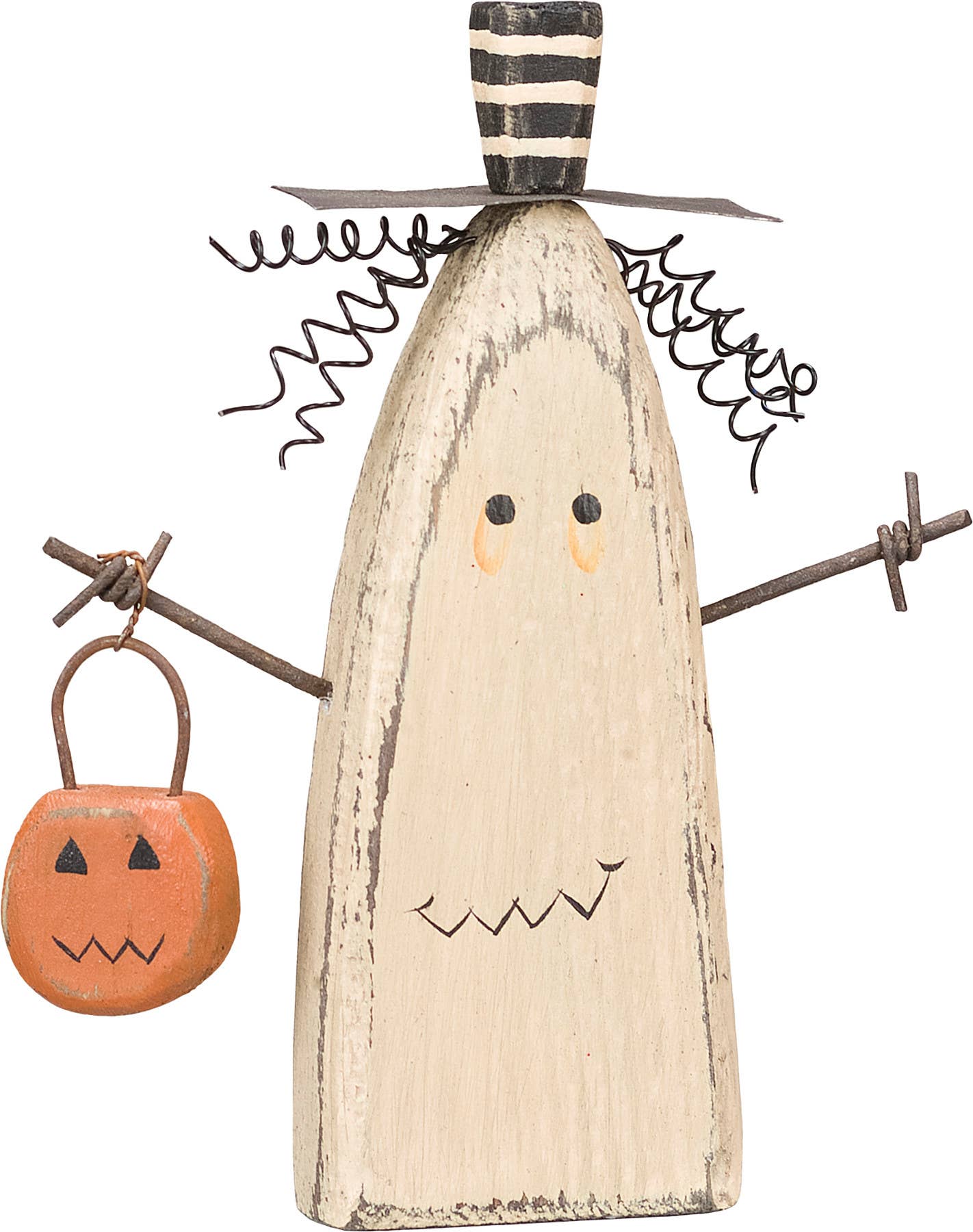 Wooden ghost decoration with a pumpkin and barbed wire hair on a white background