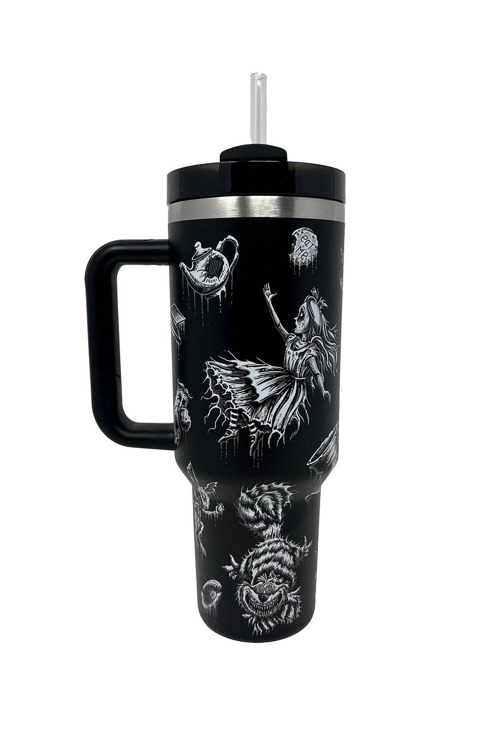 Black travel mug with white Alice in Wonderland designs on a white background