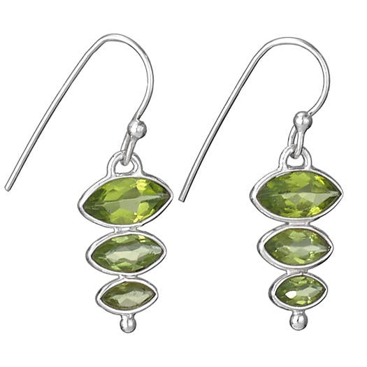 Silver earrings with green gemstones on a white background