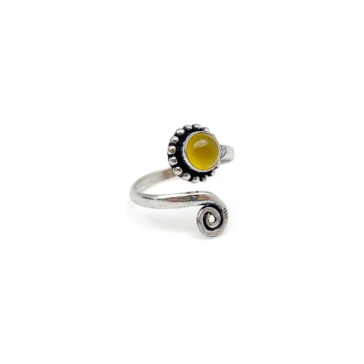 Silver plated brass ring with a yellow agate gemstone on a white background