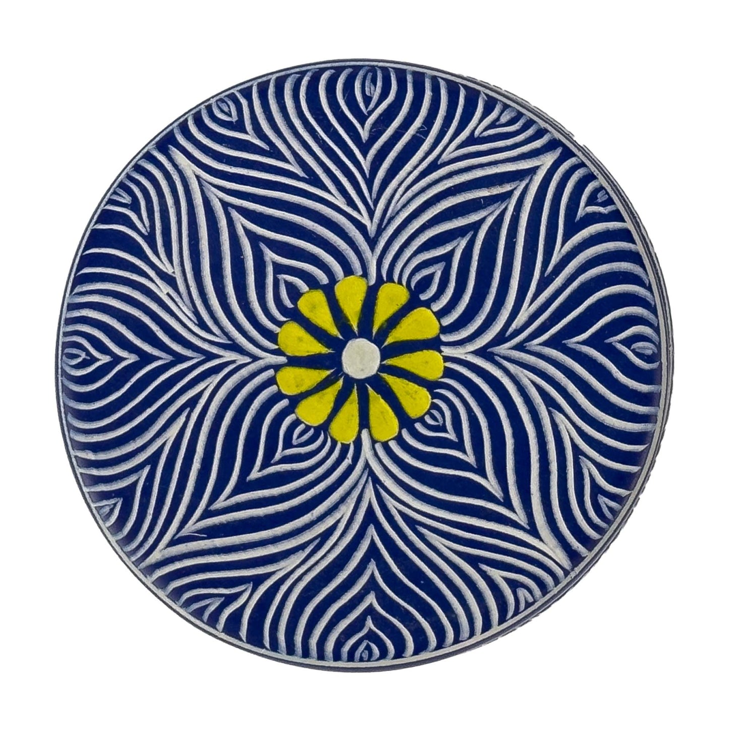 Soapstone Blue Round Container with Yellow Flower Accent