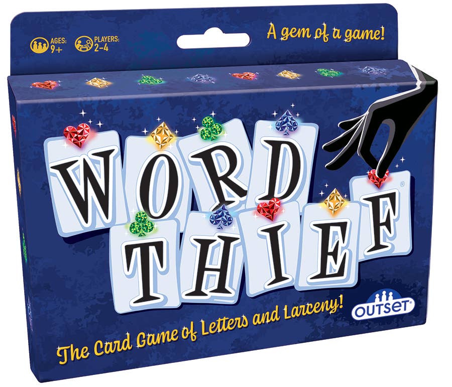 Board game box for 'Word Thief' with colorful letters and Outset Media logo.