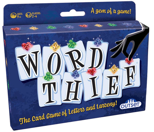Board game box for 'Word Thief' with colorful letters and Outset Media logo.