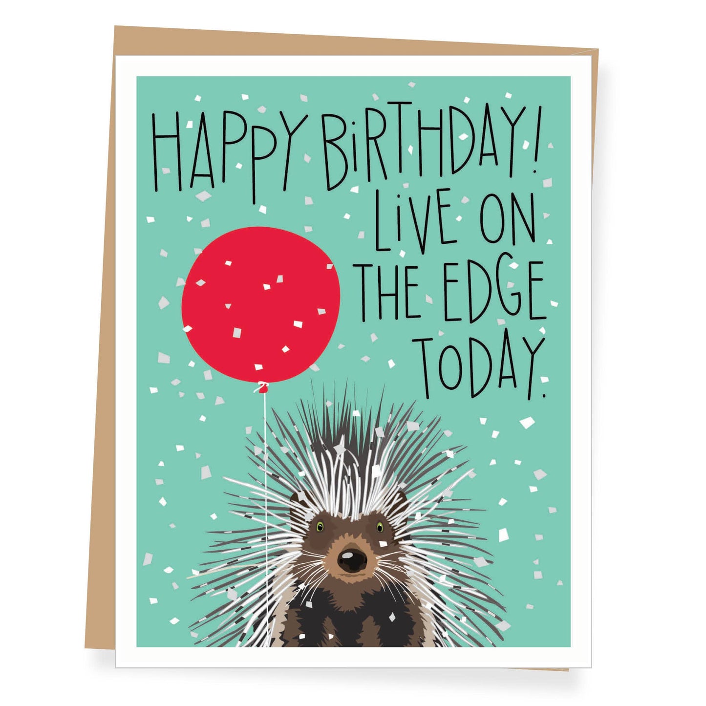 Birthday card with porcupine and red balloon on a teal background