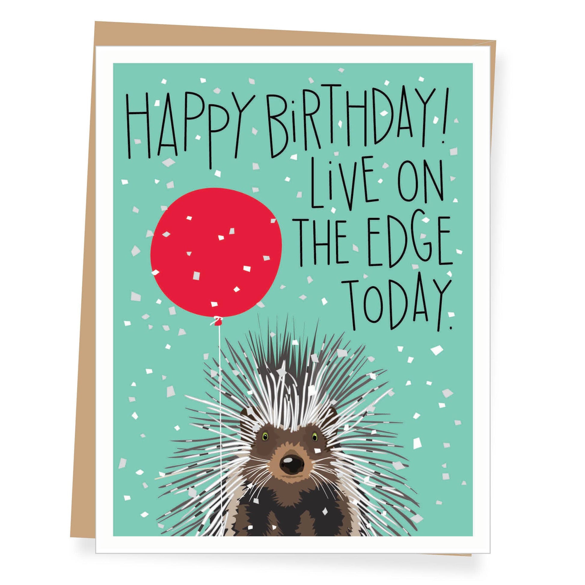 Birthday card with porcupine and red balloon on a teal background