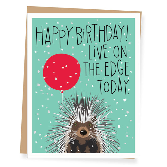 Birthday card with porcupine and red balloon on a teal background