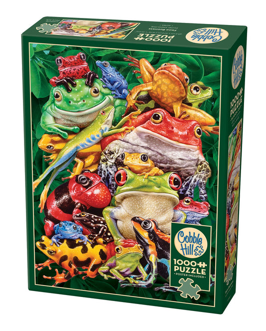 Cobble Hill 1000 piece puzzle box with colorful frogs on a green background
