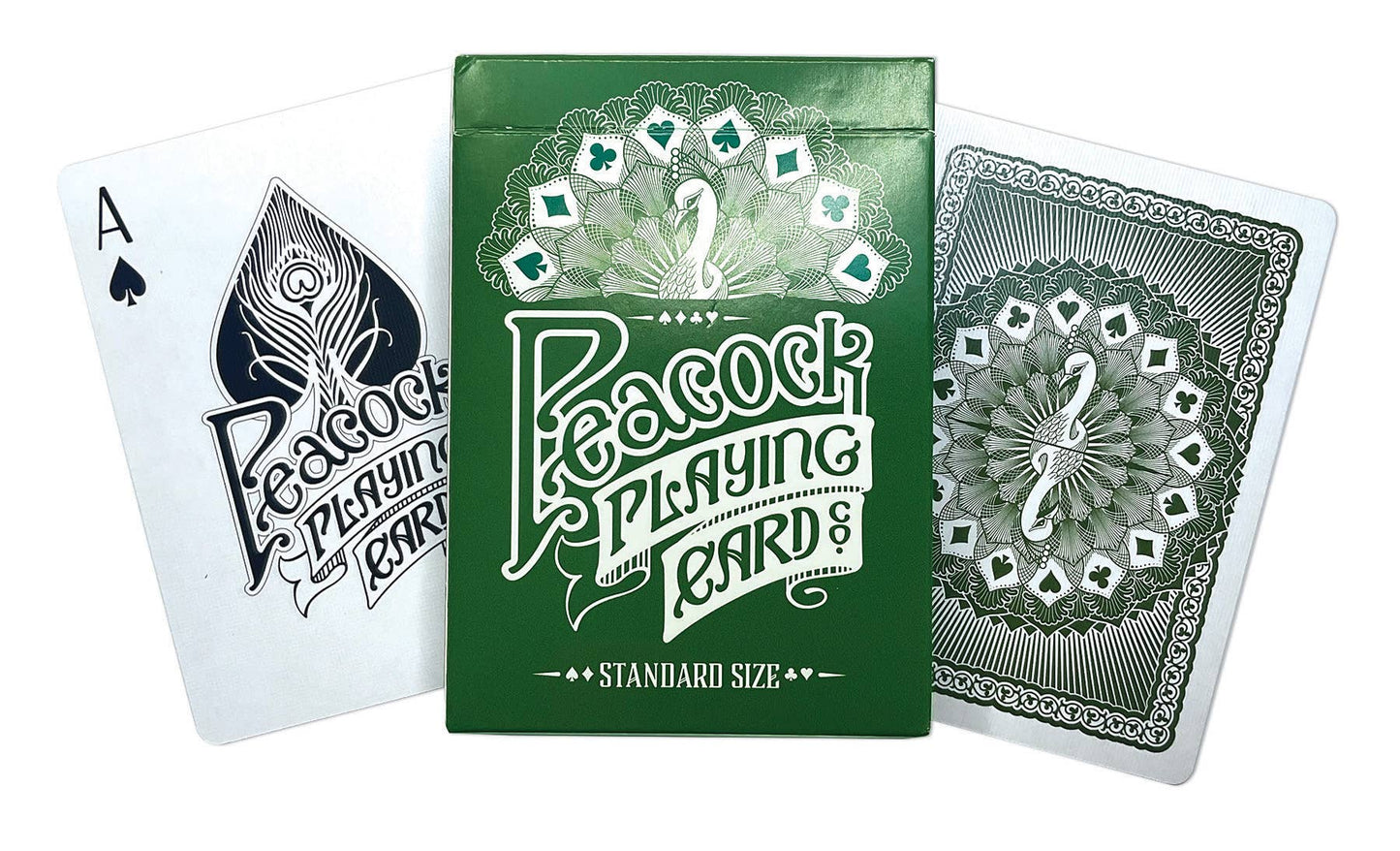 Green Peacock playing cards with an ace card displayed on a white background