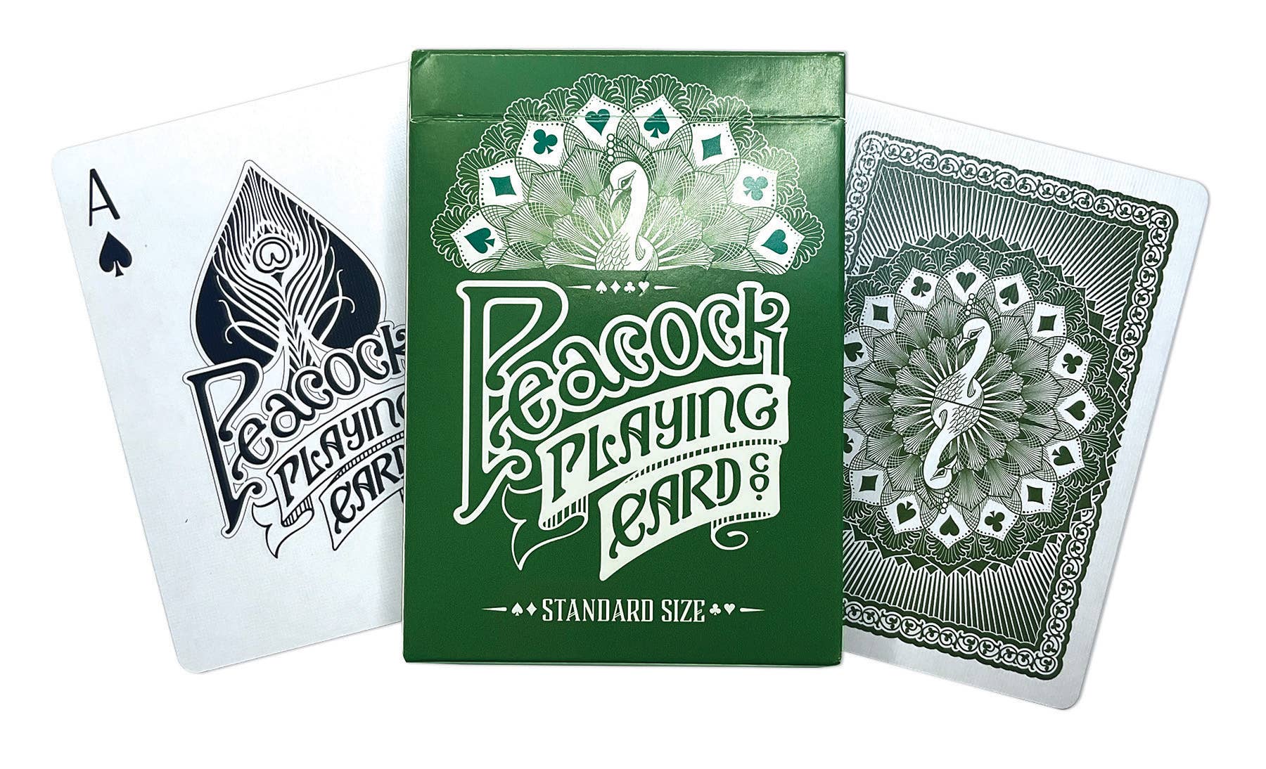 Green Peacock playing cards with an ace card displayed on a white background