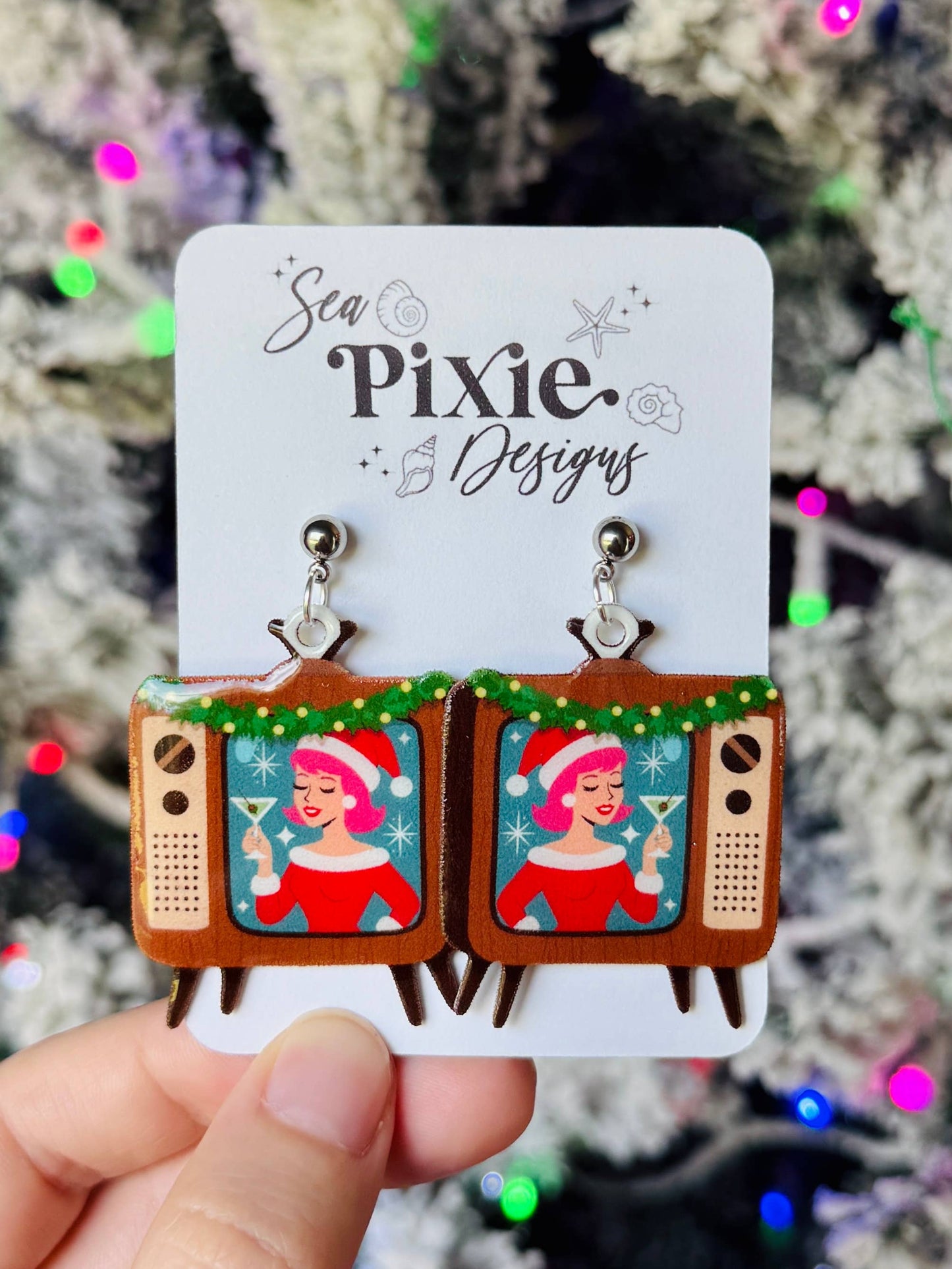 Retro Vintage Santa TV Martini Christmas Dangle Earring