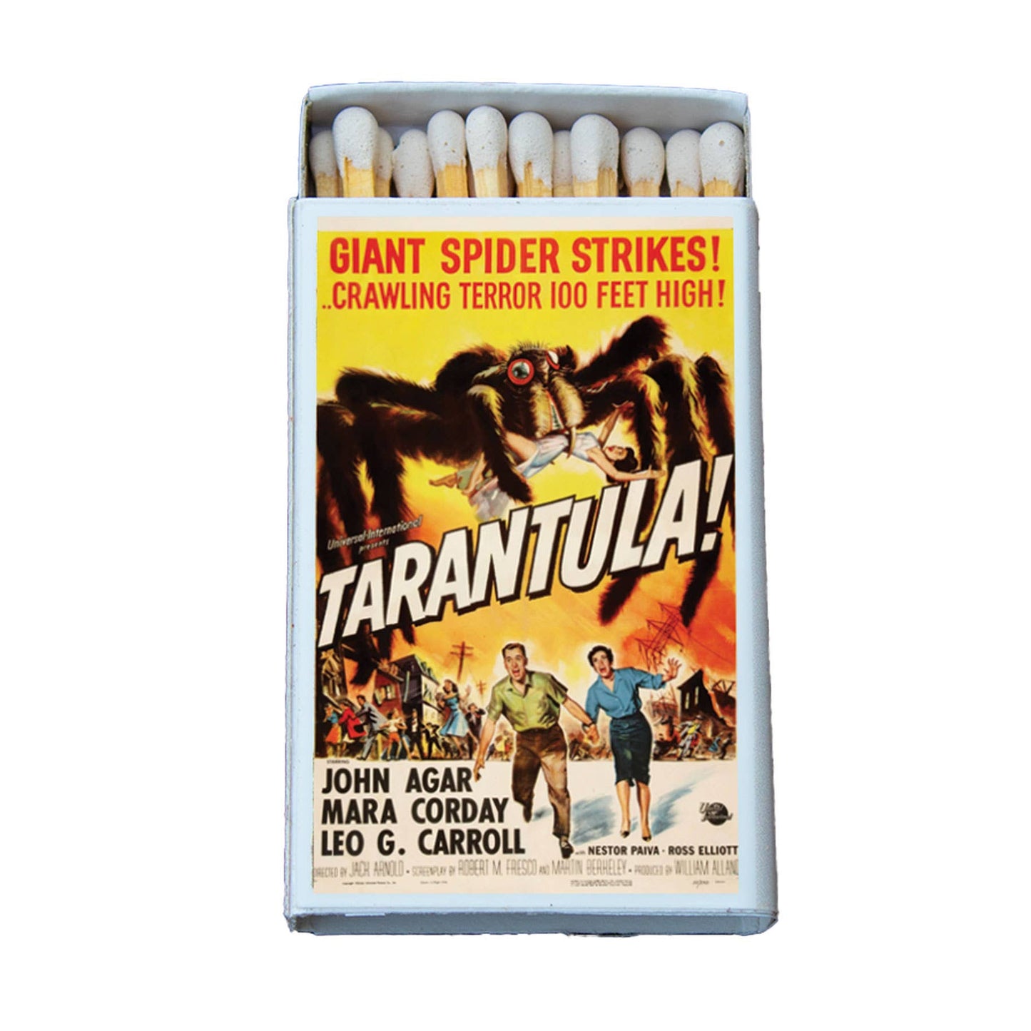 A novelty matchbox styled like a vintage movie poster for the film 'Tarantula!'. The matchbox is open, showing white match heads, and features a colorful poster design with a giant spider, bold title text, and actor names.