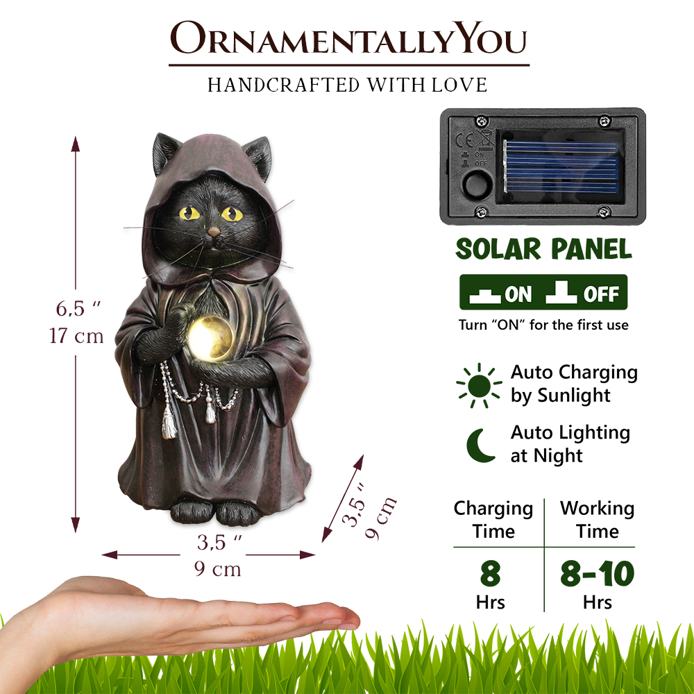 Ominious Black Cat Wizard Figurine, 7" Solar Light