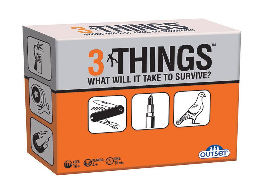 The product packaging for the game '3 Things: What Will It Take to Survive?' by the brand Outset. The box features a white top half with black and orange text, and a bright orange bottom half displaying three white square icons with illustrations of a pocket knife, lipstick, and a pigeon.