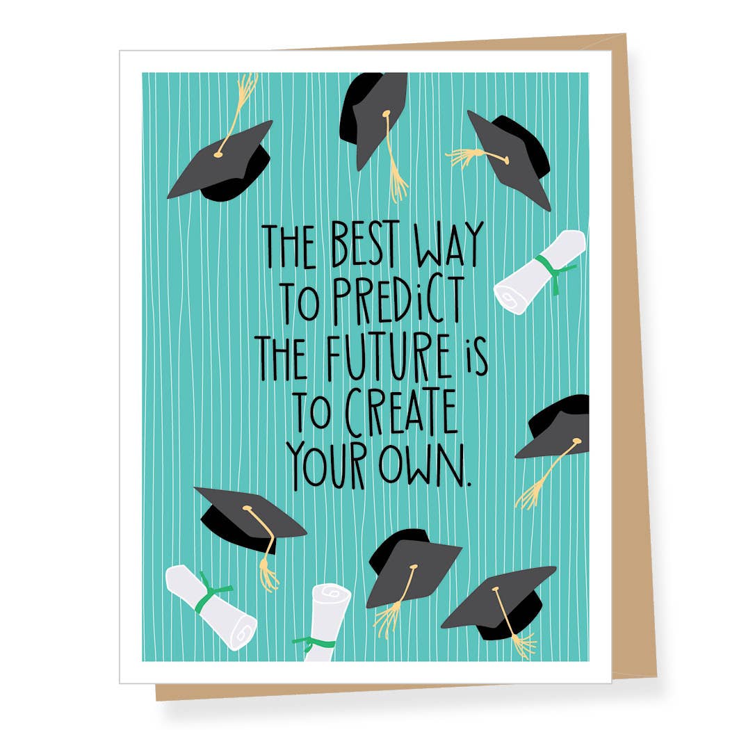 Graduation-themed card with caps and scroll design on a blue background