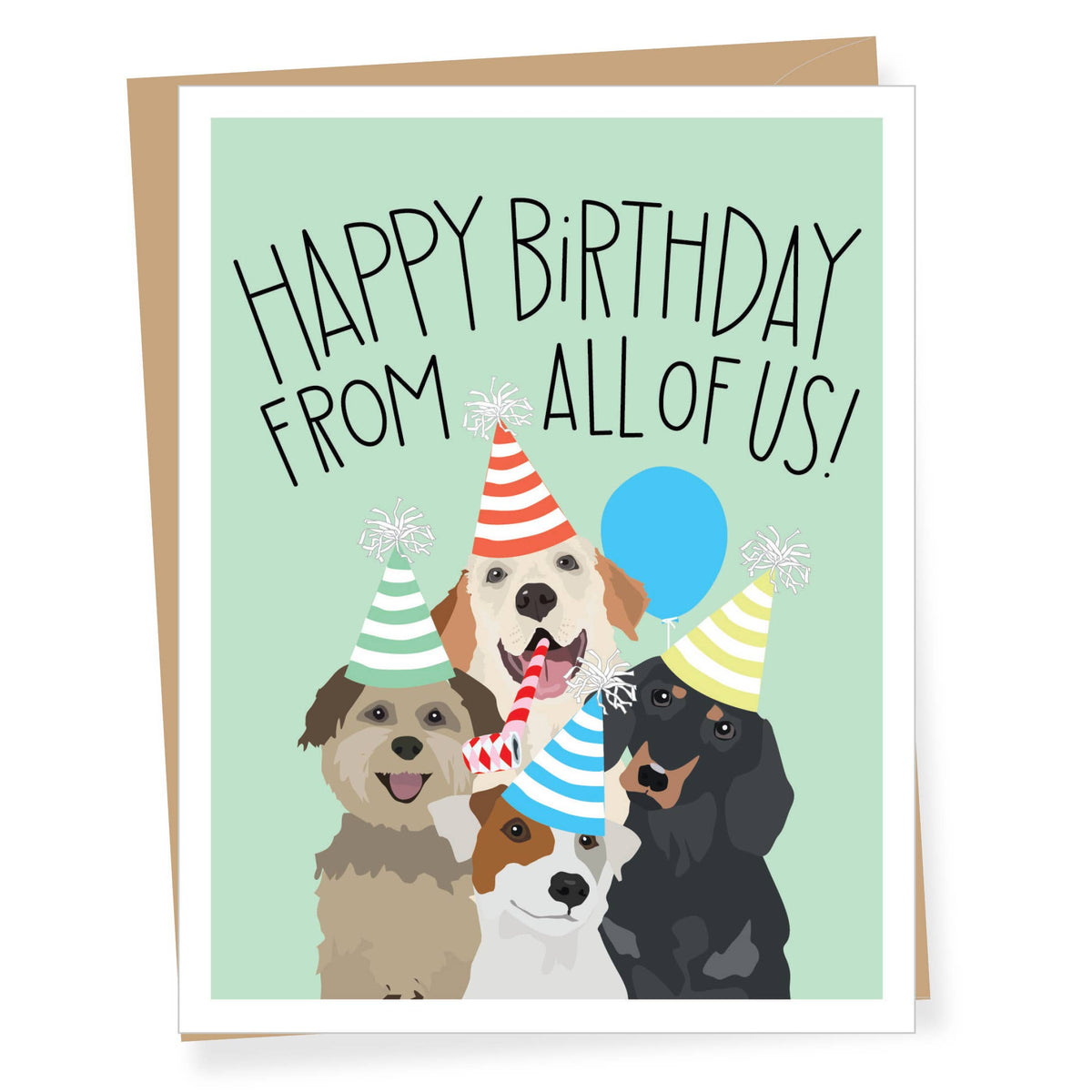 Birthday card with cartoon dogs wearing party hats and 'Happy Birthday from all of us!' text on a light green background.