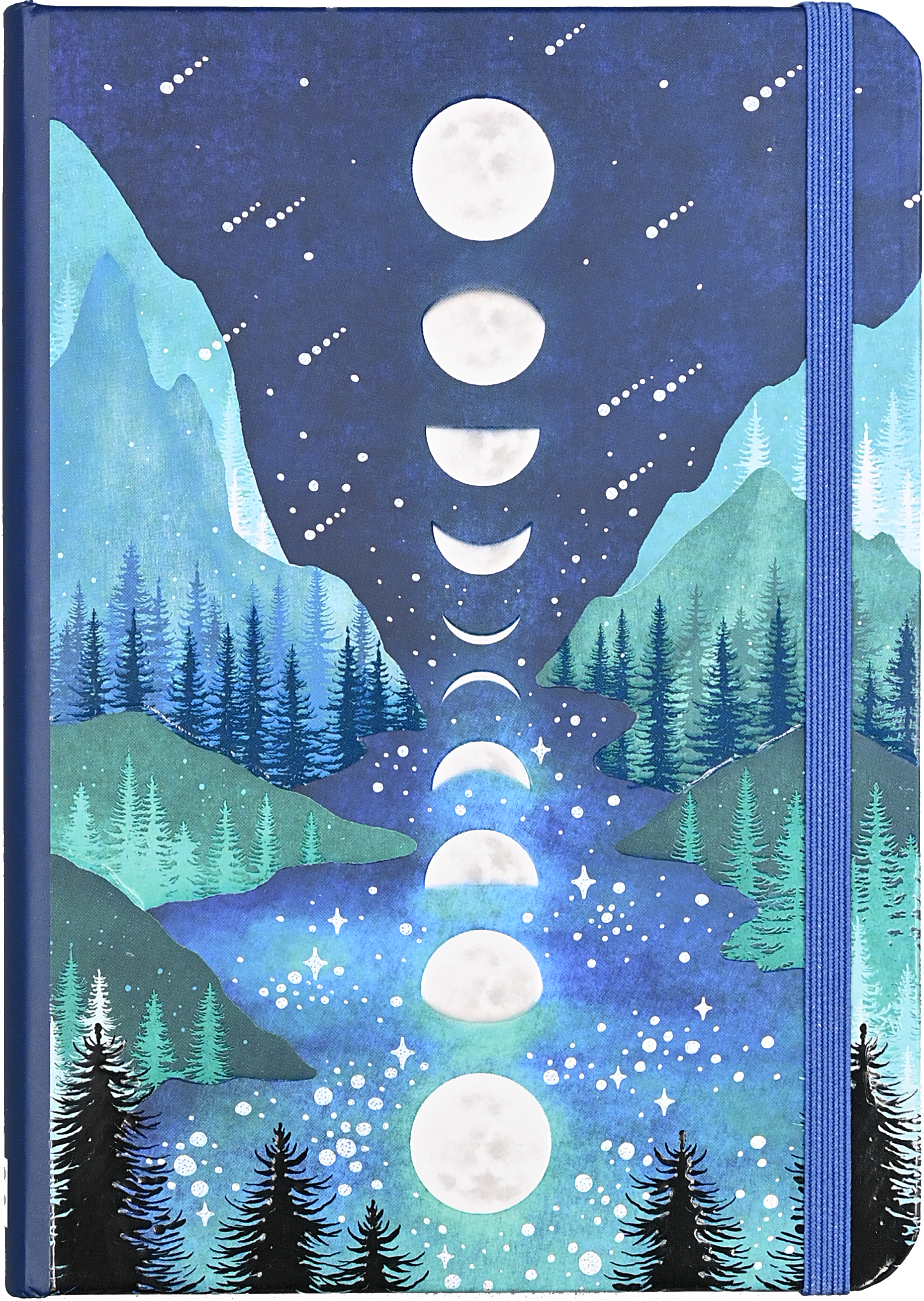 Notebook with mountainous moon phases design on a blue cover
