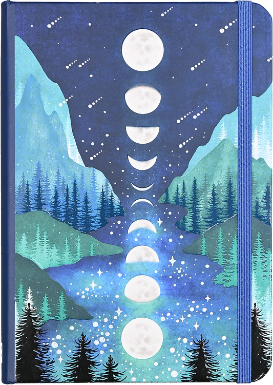 Notebook with mountainous moon phases design on a blue cover