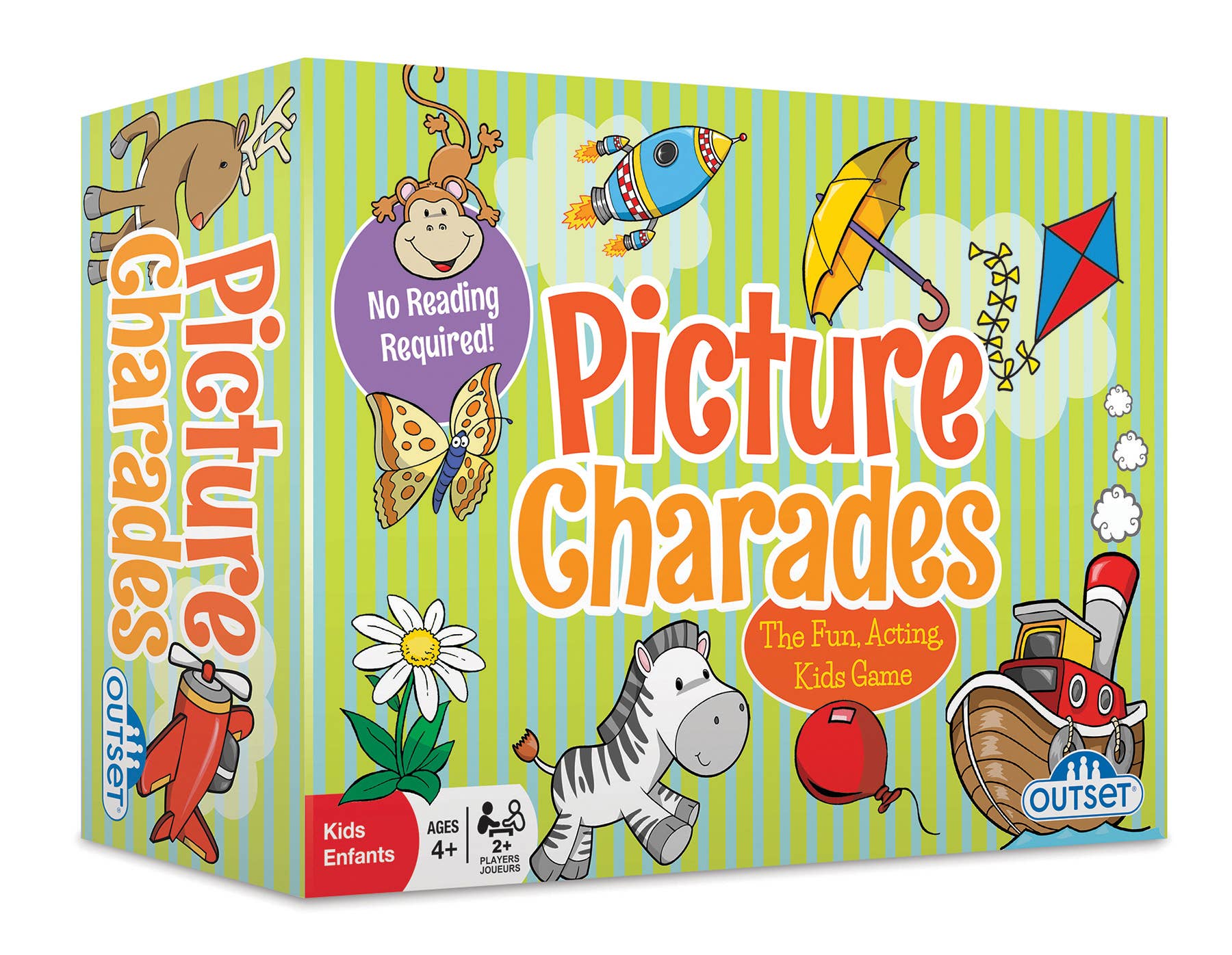 Box of Picture Charades game with colorful illustrations on a green and blue striped background