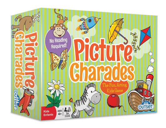 Box of Picture Charades game with colorful illustrations on a green and blue striped background
