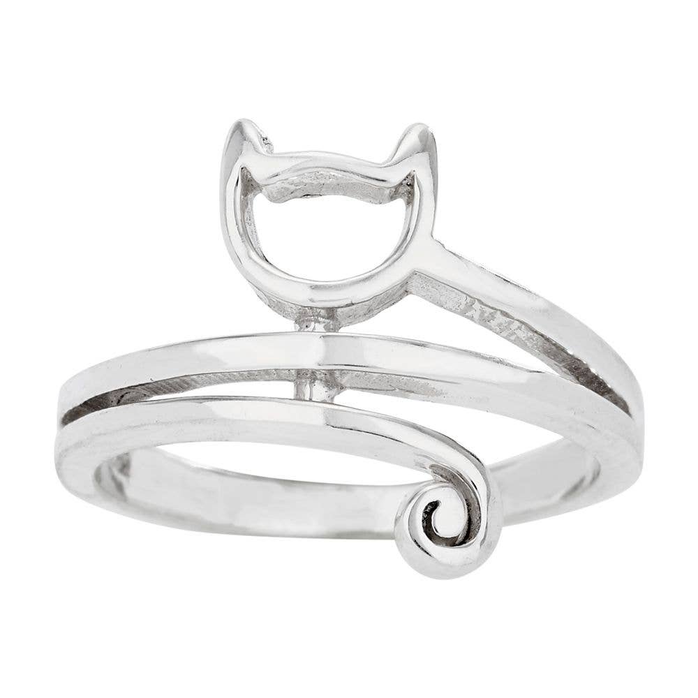 A cat shaped sterling silver ring on a white background.