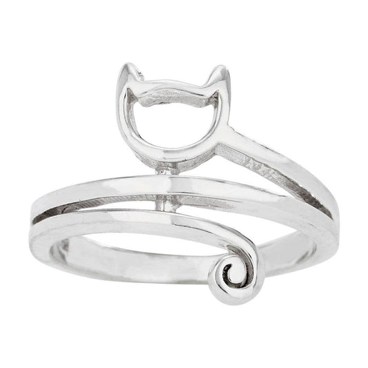 A cat shaped sterling silver ring on a white background.