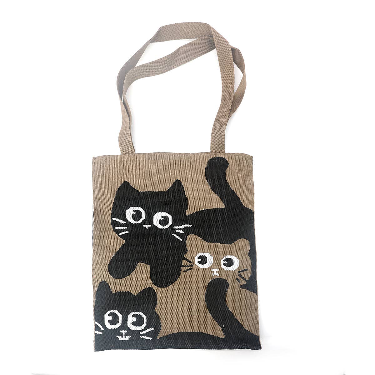 Tote bag with black cat illustrations on a beige background
