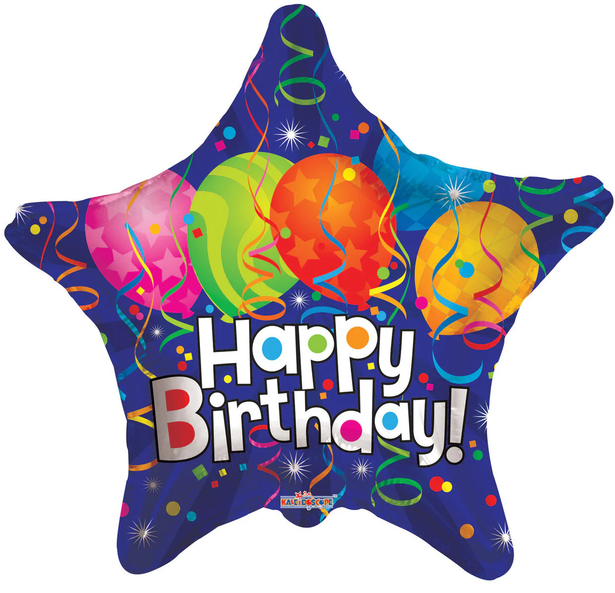Colorful star-shaped balloon with 'Happy Birthday!' text and balloons on a white background