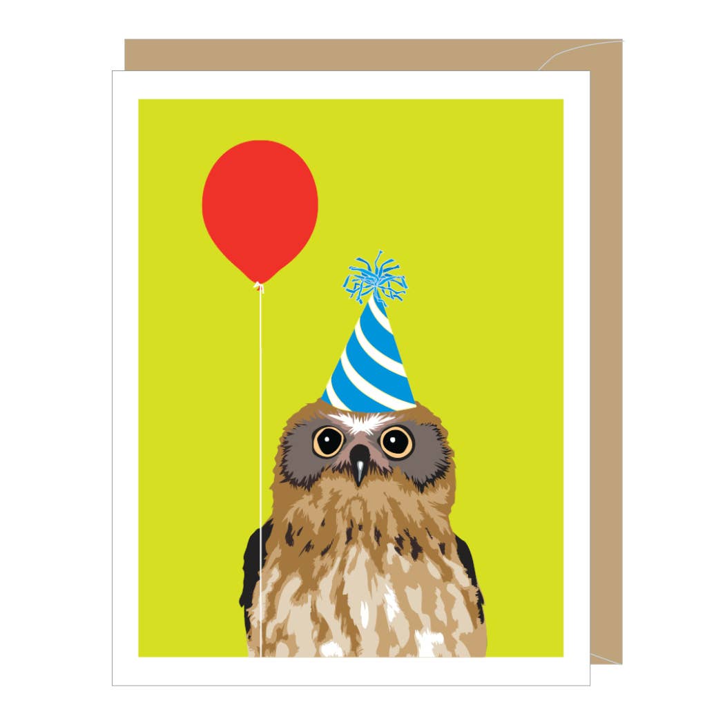 Card with an owl wearing a party hat and holding a red balloon on a green background