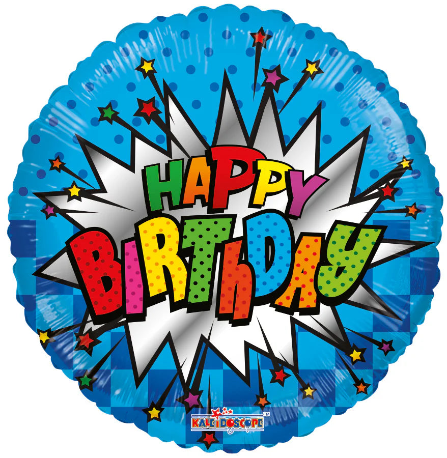 Blue Happy Birthday balloon with a burst pattern on a white background