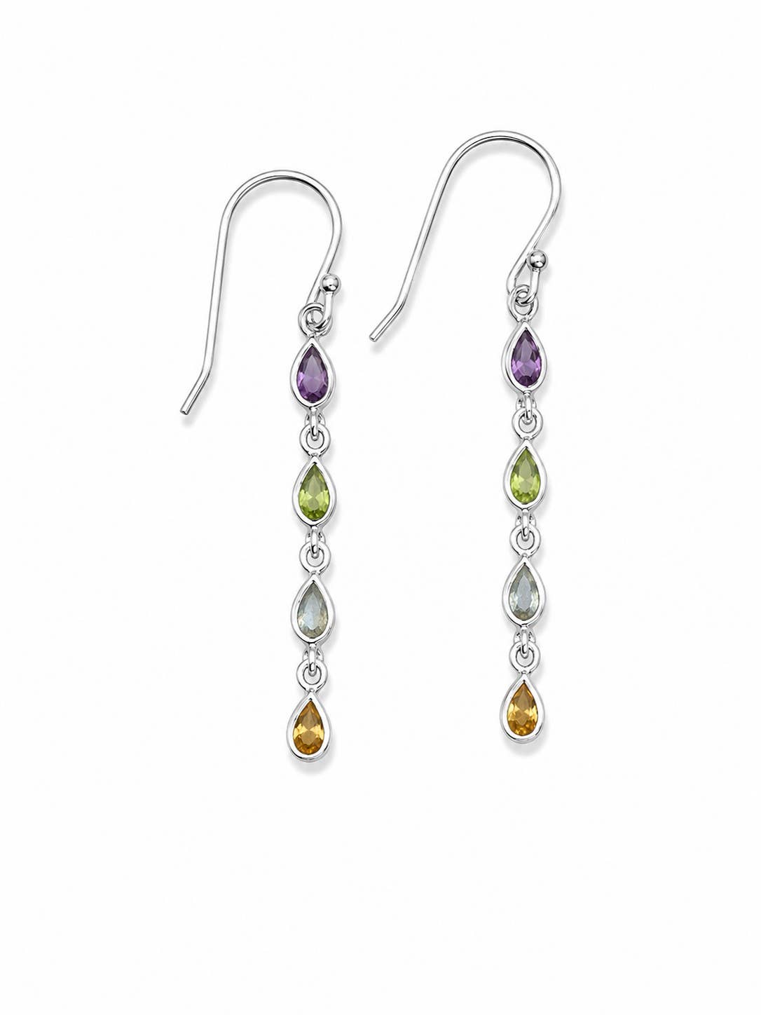 A pair of silver drop earrings featuring a vertical line of teardrop-shaped gemstones in purple, green, gray, and yellow, set against a plain white background.