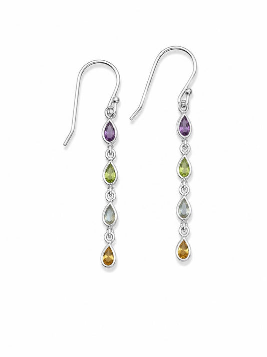 A pair of silver drop earrings featuring a vertical line of teardrop-shaped gemstones in purple, green, gray, and yellow, set against a plain white background.